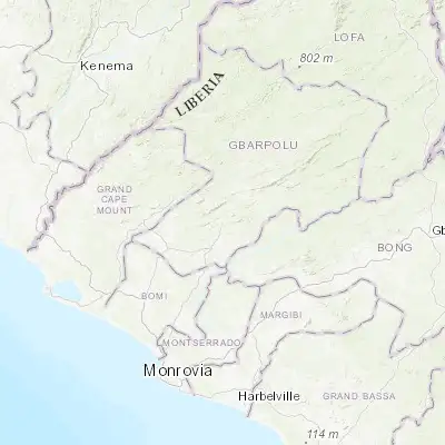 Map showing location of Bopolu (7.066670, -10.487500)